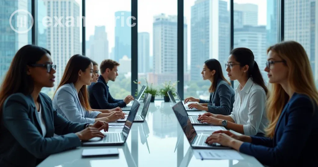 Superando a falta de engajamento em avaliações online: Colaboradores sentados em mesa participando de avaliação online.