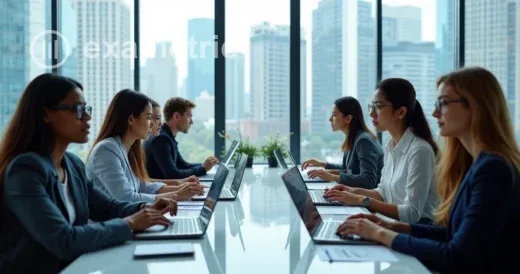 Colaboradores sentados em mesas participando de avaliação online.