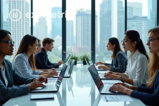 Colaboradores sentados em mesas participando de avaliação online.