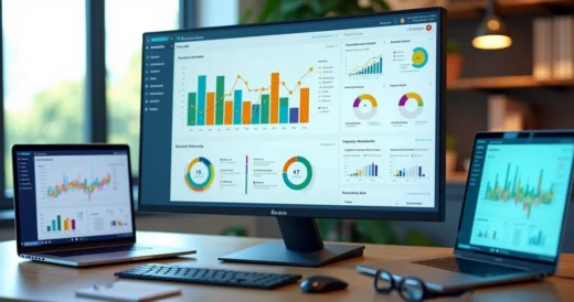 Painel de análise de dados com gráficos comparando desempenho escolar e corporativo