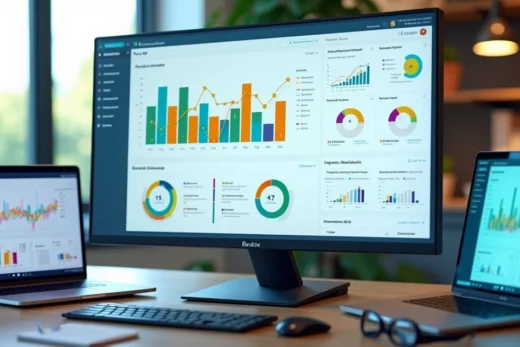 Painel de análise de dados com gráficos comparando desempenho escolar e corporativo