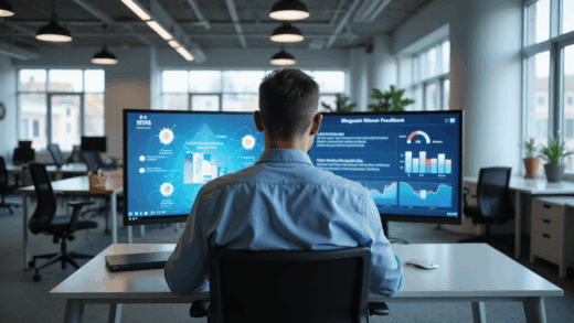 Gestor de RH analisa painéis de gamificação e engajamento em RH no monitor