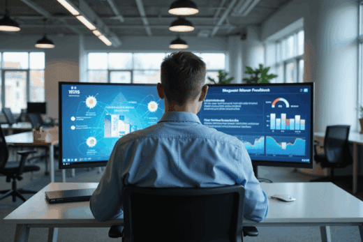 Gestor de RH analisa painéis de gamificação e engajamento em RH no monitor
