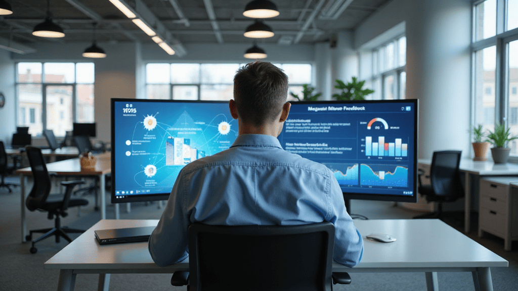 Gestor de RH analisa painéis de gamificação e engajamento em RH no monitor