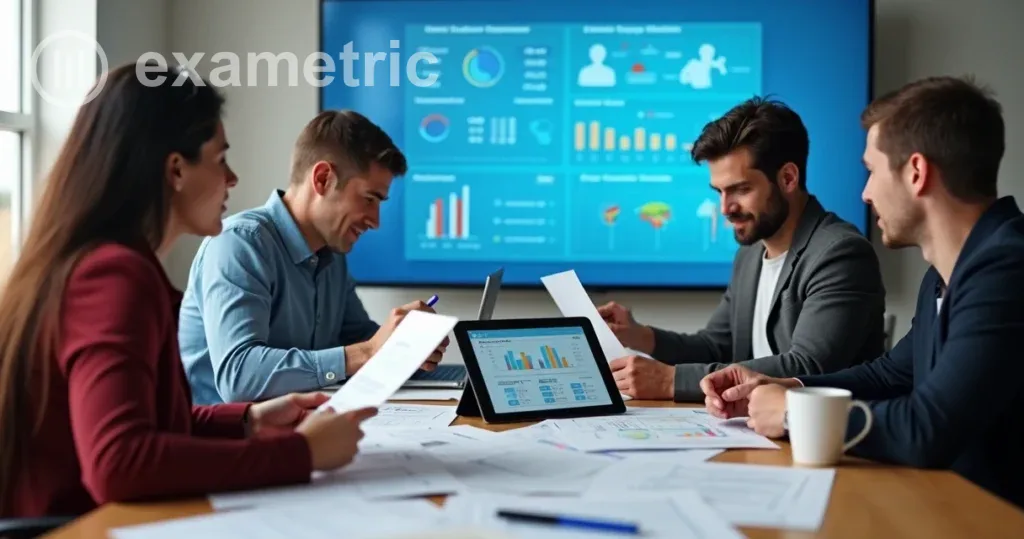 Ferramentas de análise de dados: Power BI, Tableau ou recursos nativos?: Equipe avaliando dados educacionais em reunião.