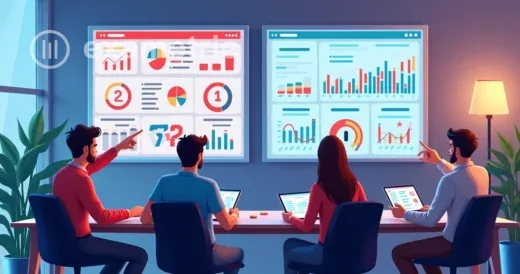 Equipe de RH analisando painel de gamificação e gráficos de feedback em tempo real.