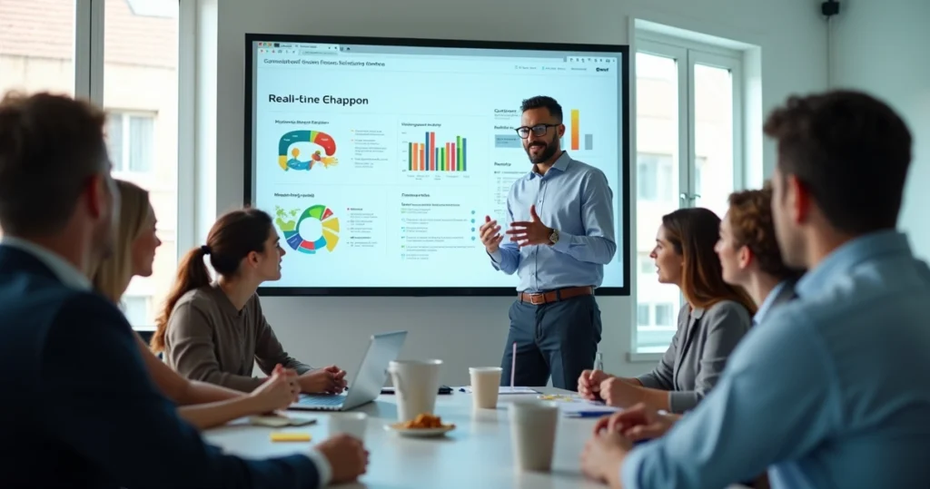 Avaliação formativa em treinamentos: Facilitador de treinamento corporativo analisando gráficos de desempenho de equipe em tela digital.