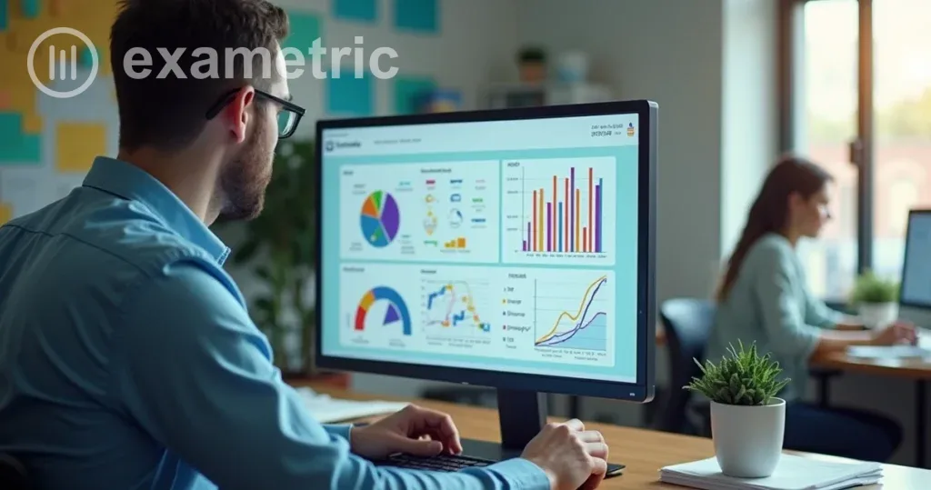 Quociente de aprendizagem: Professor analisando indicadores digitais de aprendizagem em um monitor.