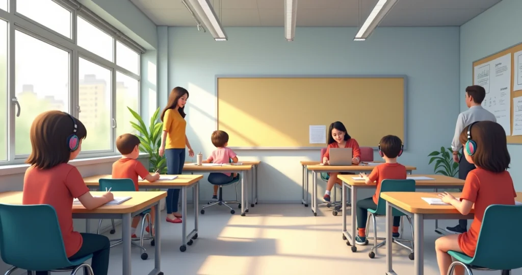 Sala de aula com espaço adaptado para alunos com TDAH.