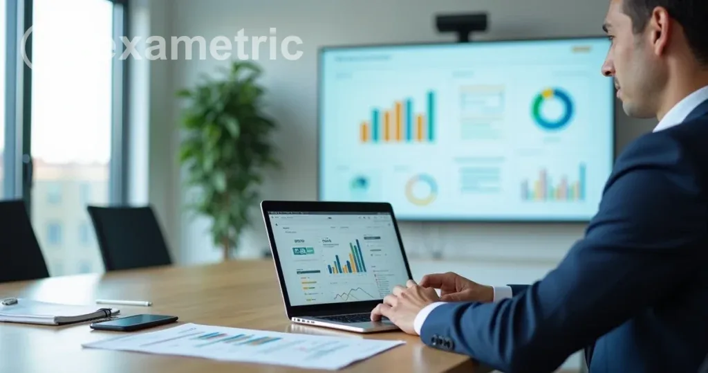 Pessoa analisando dados de treinamentos digitais em notebook com gráficos e métricas na tela.