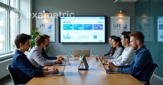 Colaboradores em um ambiente de escritório assistindo a vídeos curtos em tablets e smartphones, com anotações à mão e copos com café sobre a mesa.