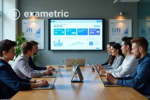 Colaboradores em um ambiente de escritório assistindo a vídeos curtos em tablets e smartphones, com anotações à mão e copos com café sobre a mesa.