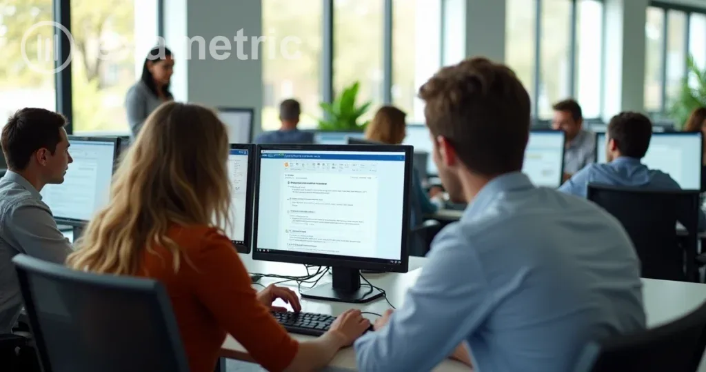 Processo seletivo online: Pessoas em escritório aplicando teste em computadores.