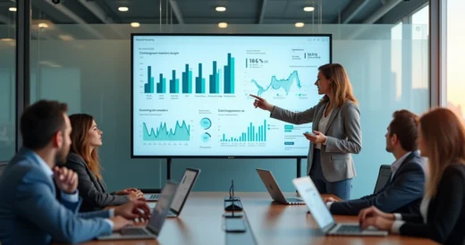 Gestor de RH analisa painel de métricas de avaliações digitais em tela grande