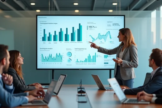 Gestor de RH analisa painel de métricas de avaliações digitais em tela grande