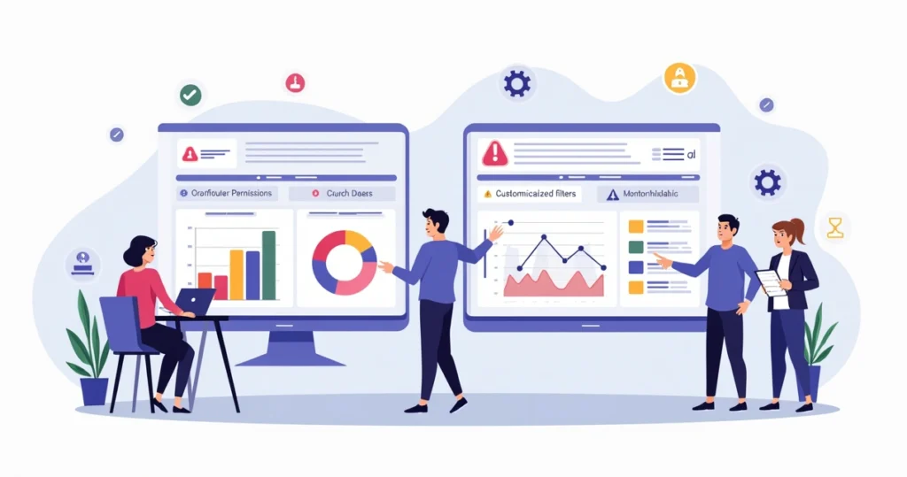 Equipe de TI analisando painel de avaliações digitais com alertas de erros e métricas em destaque.