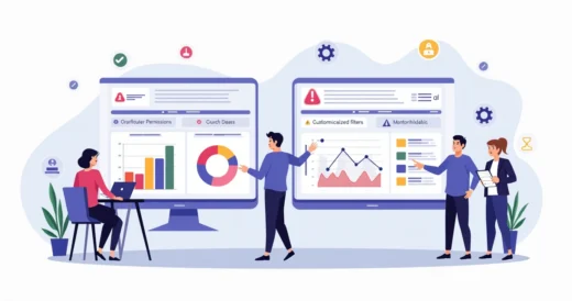 Equipe de TI analisando painel de avaliações digitais com alertas de erros e métricas em destaque.