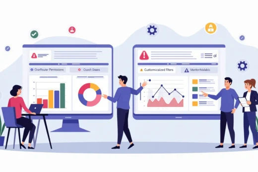 Equipe de TI analisando painel de avaliações digitais com alertas de erros e métricas em destaque.