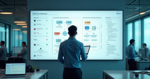 Gerente de TI analisando integração entre sistemas em painel com fluxos de dados