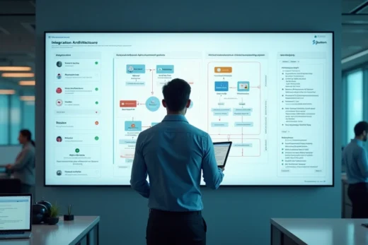 Gerente de TI analisando integração entre sistemas em painel com fluxos de dados