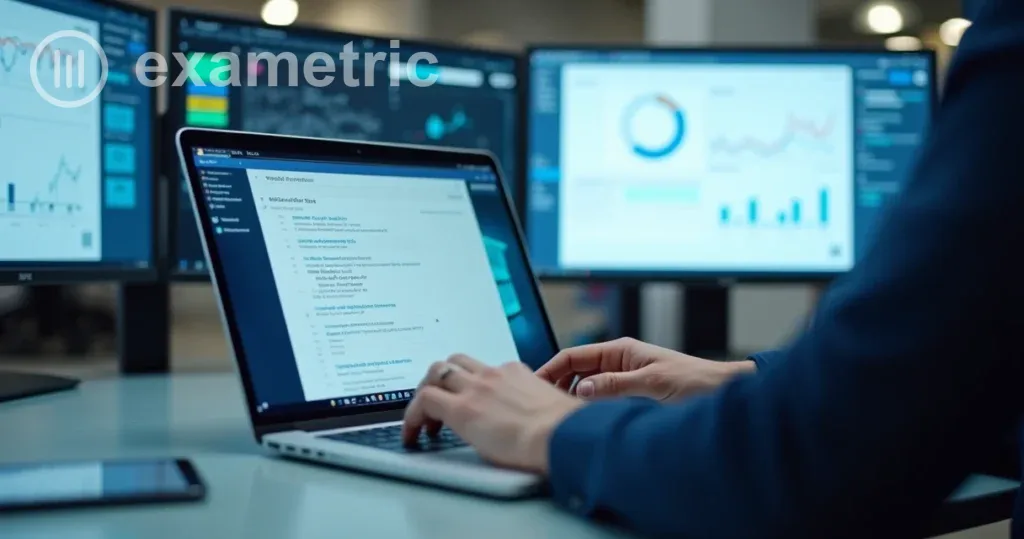 Teste adaptativo: Pessoa usando notebook realizando teste com perguntas em diferentes níveis.