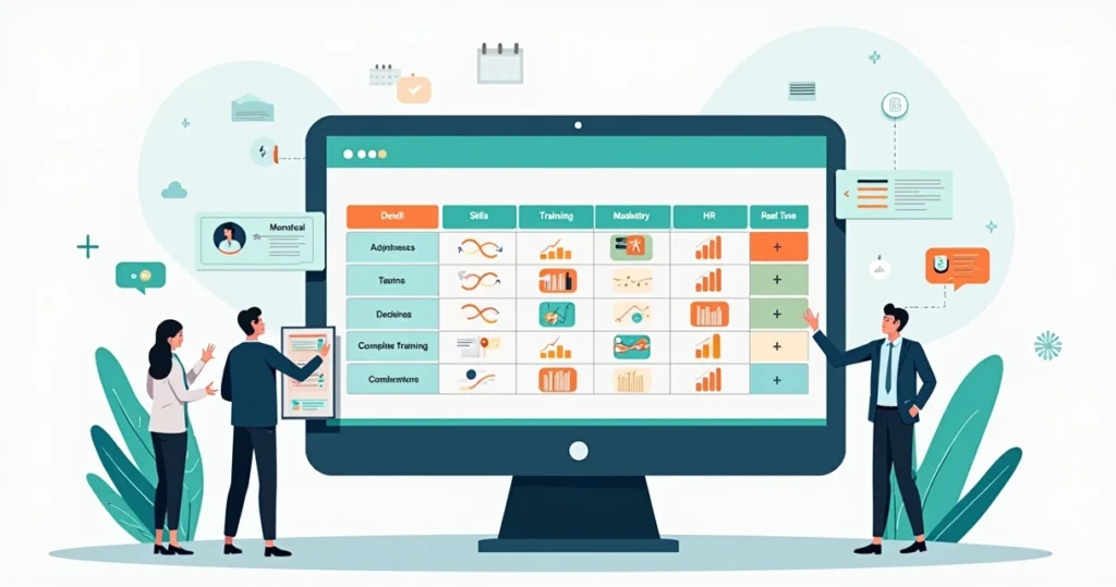 Matriz de treinamento digital conectando competências e avaliações.