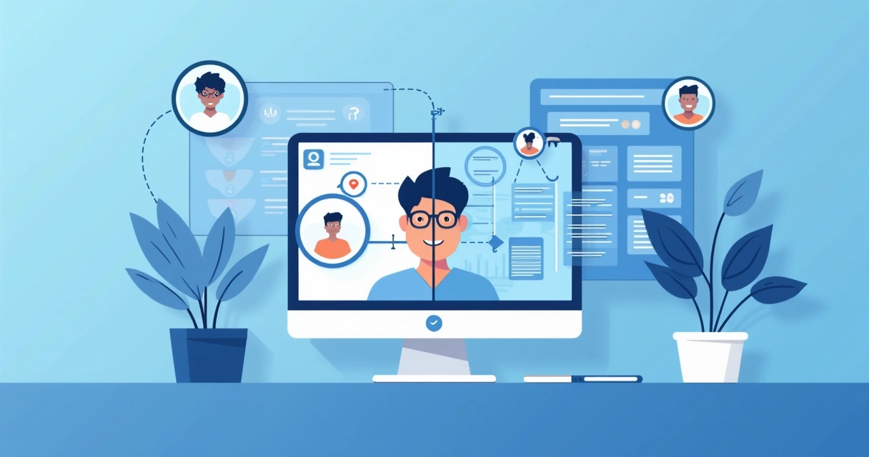 Tela de computador mostrando sistema de inteligência artificial monitorando candidato durante avaliação.