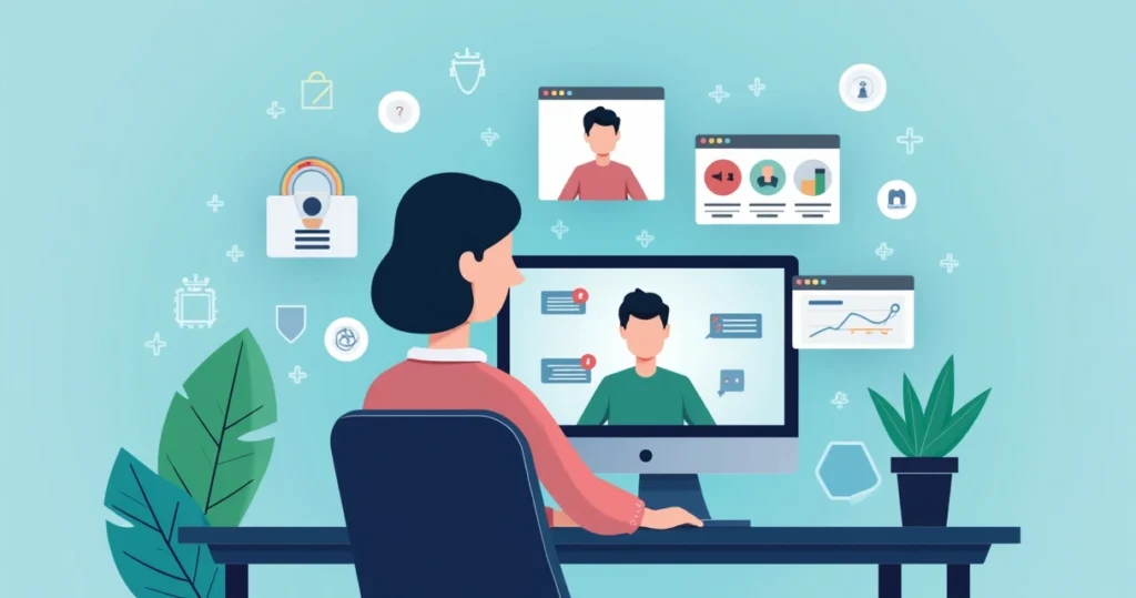 Aluno sendo monitorado durante prova digital, interface de avaliação na tela, fundo de plataforma digital.