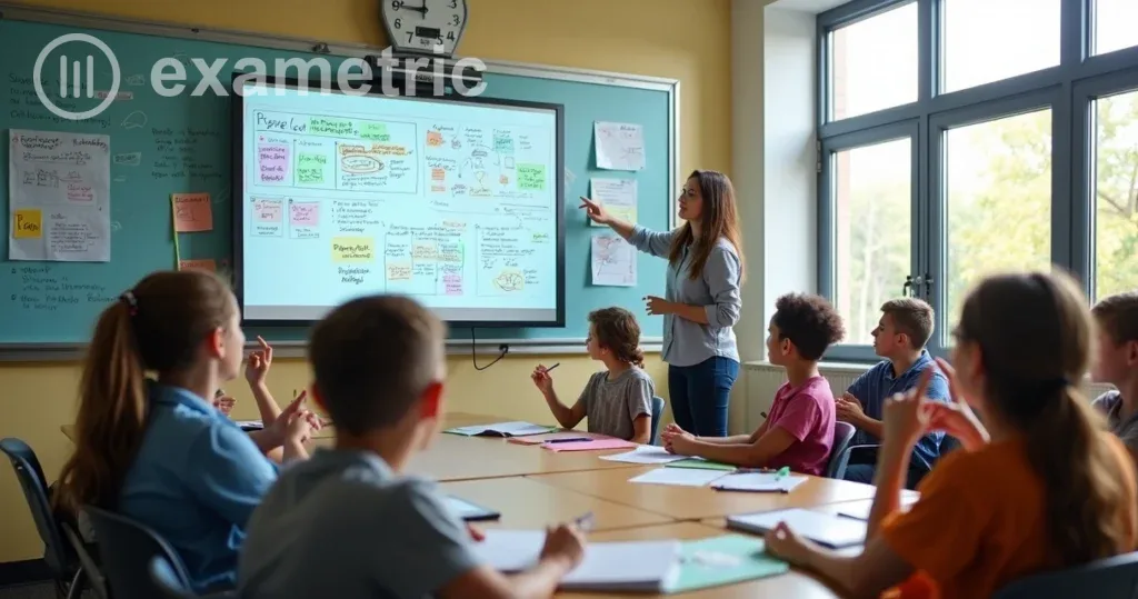 Como engajar alunos com tecnologia: Professor em sala de aula utilizando um quadro digital interativo.