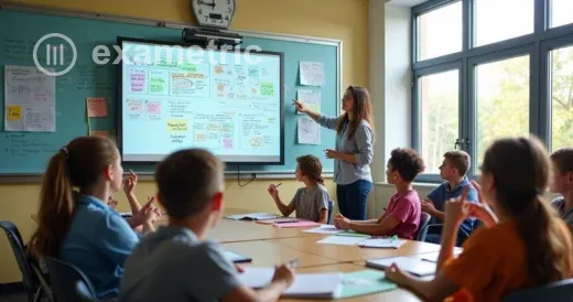 Alunos e professor em sala de aula utilizando um quadro digital interativo