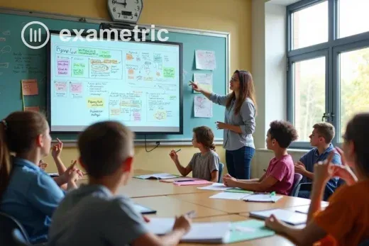 Alunos e professor em sala de aula utilizando um quadro digital interativo