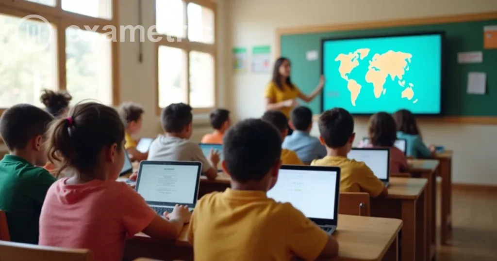 Uso de telas nas escolas: Alunos em sala de aula com dispositivos digitais e professora supervisionando.
