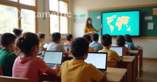 Uso de telas nas escolas: Alunos em sala de aula com dispositivos digitais e professora supervisionando.