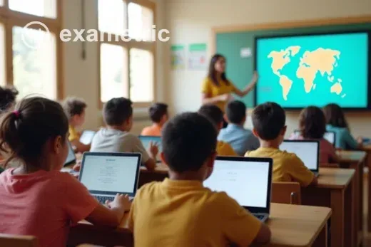 Uso de telas nas escolas: Alunos em sala de aula com dispositivos digitais e professora supervisionando.