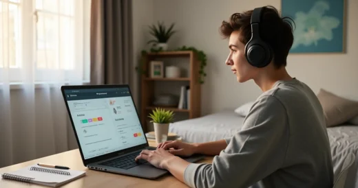 Estudante concentrado em prova online em ambiente doméstico tranquilo