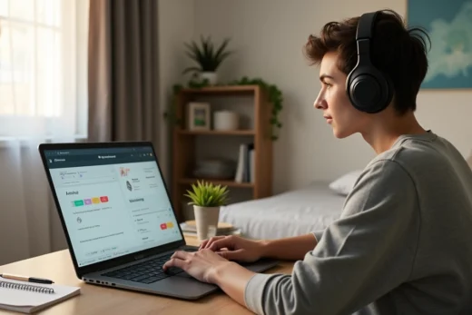 Estudante concentrado em prova online em ambiente doméstico tranquilo