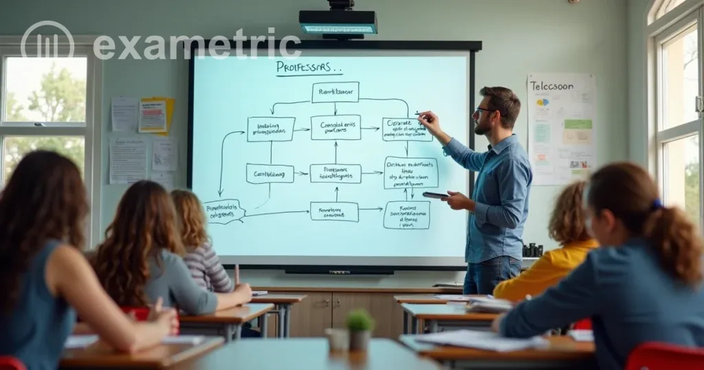 IA na Escola: Professor e alunos em sala analisando um diagrama de fluxo em um quadro branco.
