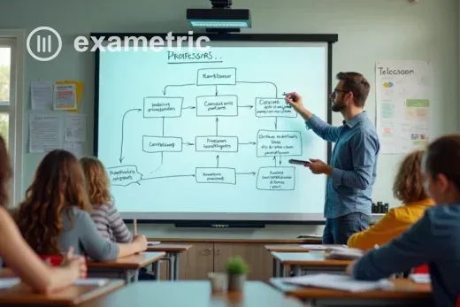 Professor e alunos em sala analisando um diagrama de fluxo em um quadro branco.