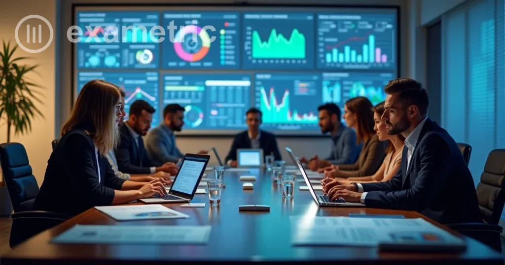 Treinamentos digitais: equipe em reunião analisando gráficos de desempenho em telas grandes 