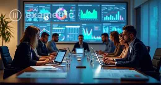 Equipe em reunião analisando gráficos de desempenho em telas grandes