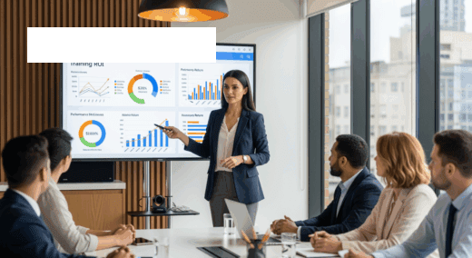 Gestor de RH apresentando resultados de ROI de treinamento corporativo em tela com gráficos de performance para equipe em sala de reunião moderna.