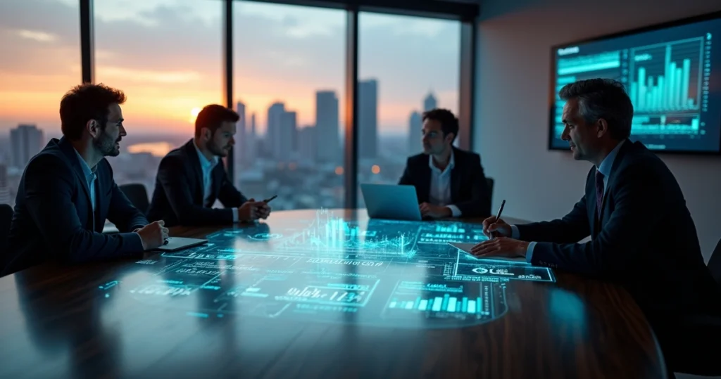 Gestores de RH analisando dashboard de ROI de treinamento corporativo para apresentar ao board.