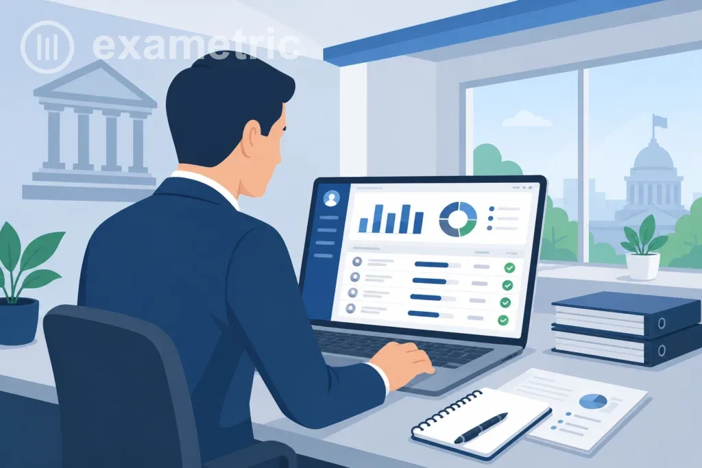 Ilustração de gestor de RH analisando painel digital de resultados de processo seletivo em órgão público, com gráficos de pontuação e classificação de candidatos na tela.
