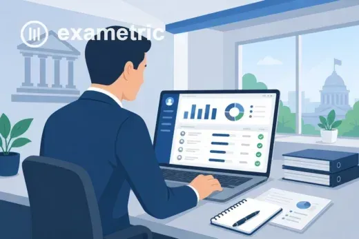 Ilustração de gestor de RH analisando painel digital de resultados de processo seletivo em órgão público, com gráficos de pontuação e classificação de candidatos na tela.