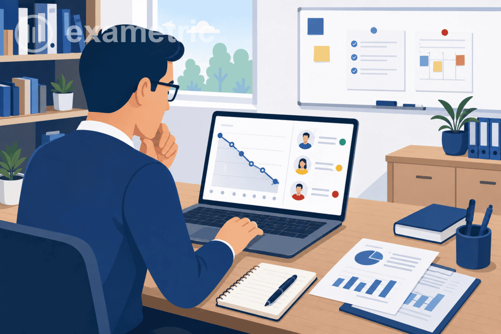 Ilustração de coordenadora pedagógica analisando gráfico de queda de rendimento escolar em painel digital, com indicadores de alerta por aluno na tela do notebook.