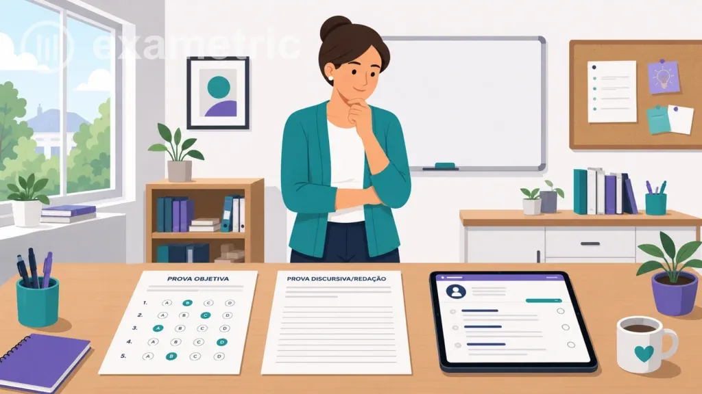 Ilustração flat de professora analisando os tipos de provas escolares: prova objetiva, prova discursiva e avaliação digital em tablet, em sala de professores organizada com luz natural